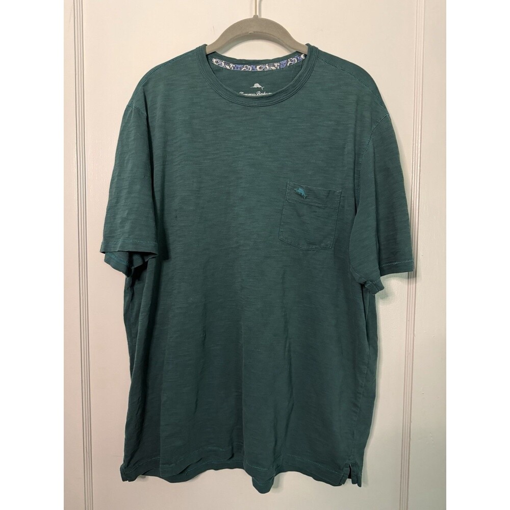 Tommy Bahama Men's Large Green Slub Pocket T Shirt 100% Cotton Crew Neck Peru